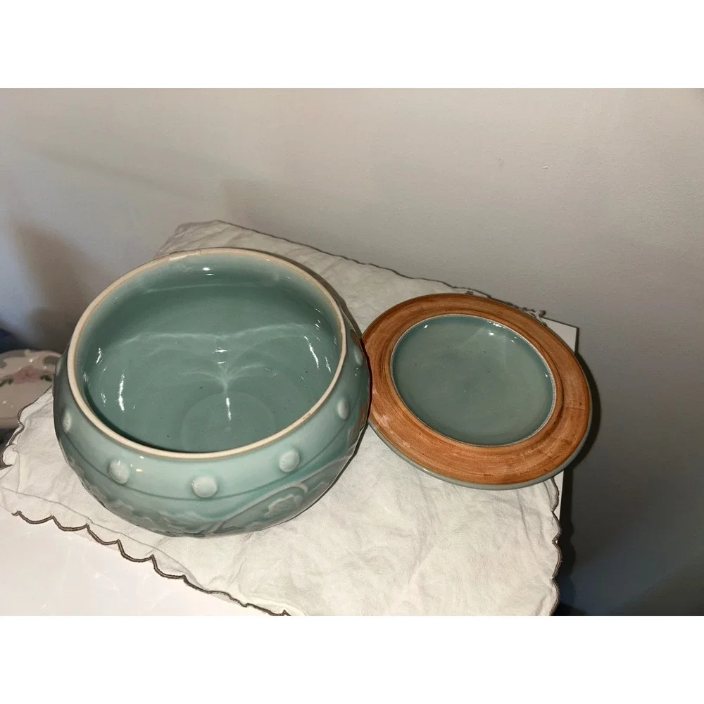 Vintage Korean Celadon Ginger Jar Lidded Ceramic Floral Relief Green Pottery